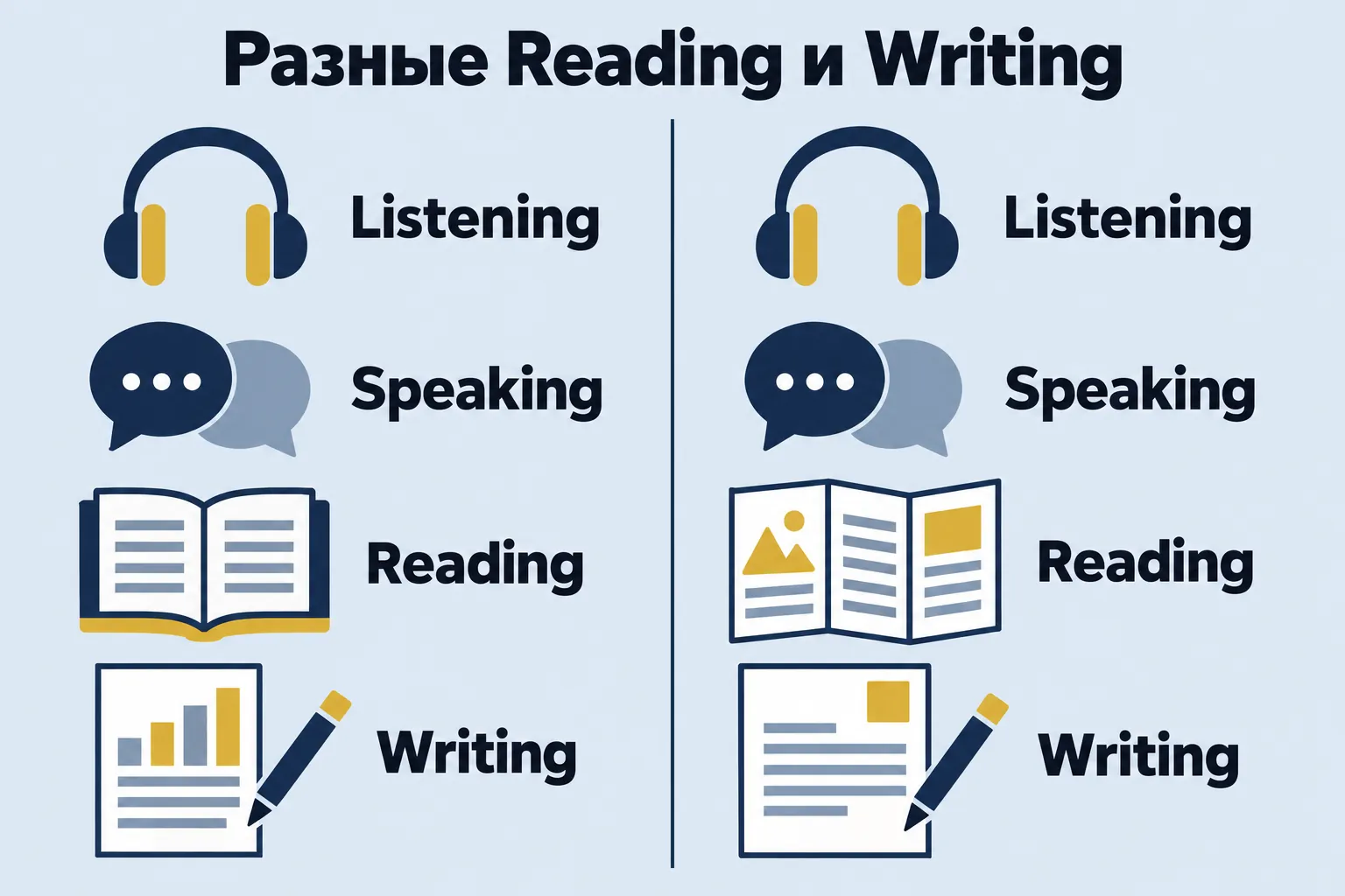 Different Reading and Writing — two columns of exam skills