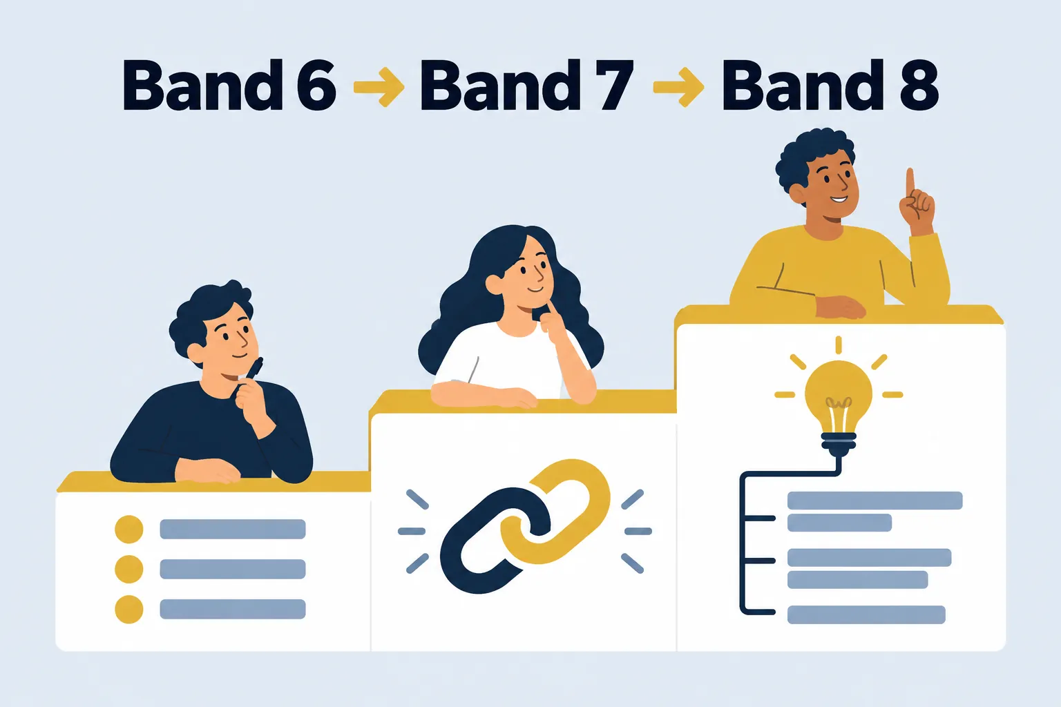 Band 6 → Band 7 → Band 8 — three-step ladder with icons