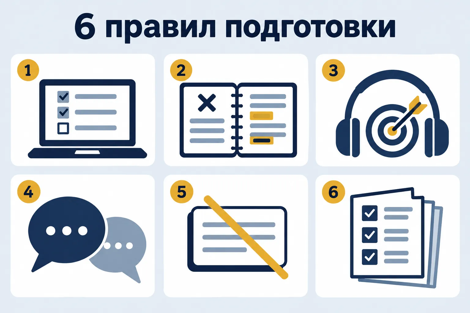 6 preparation rules — six numbered cards with icons