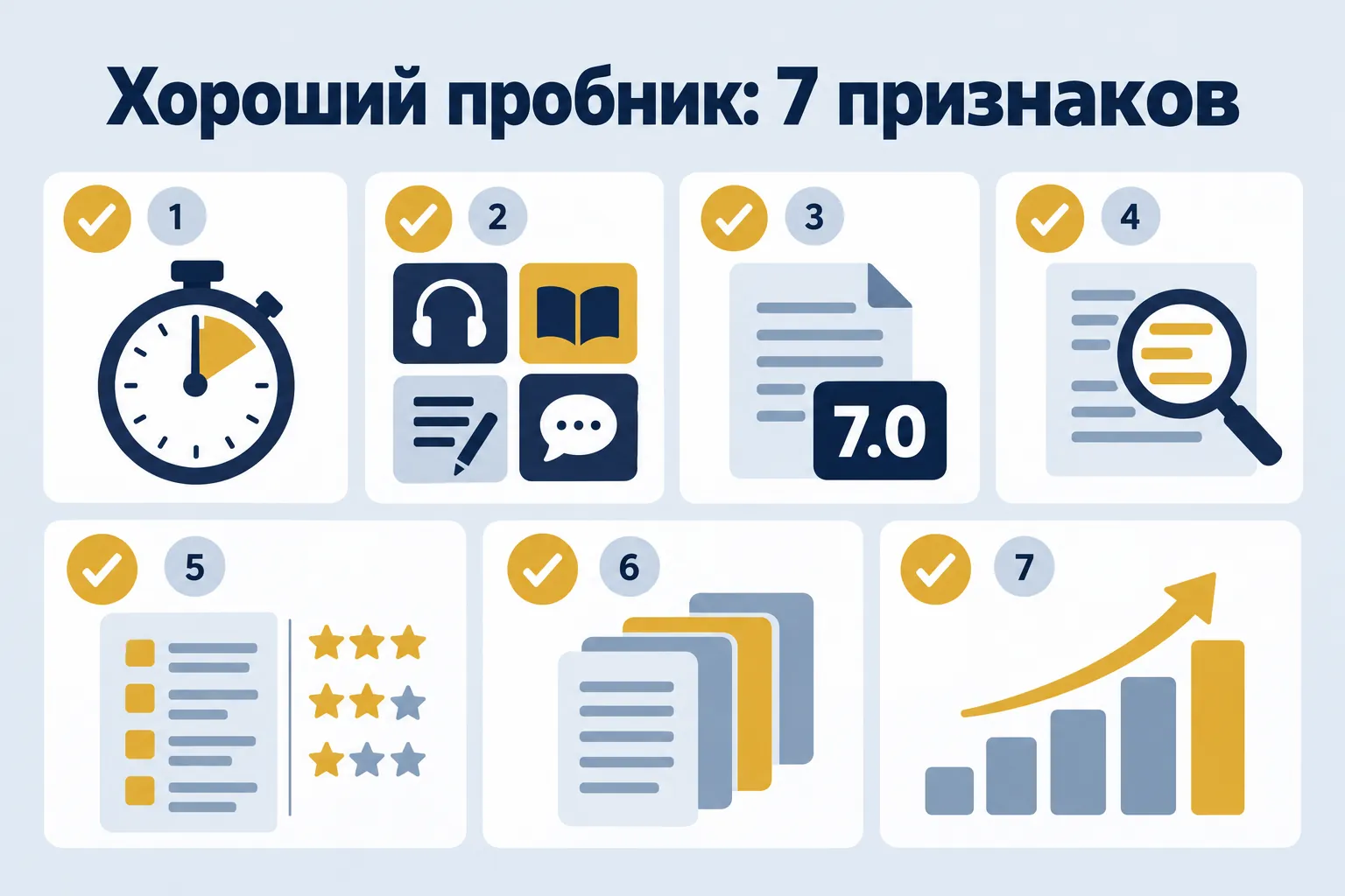 Good mock test: 7 signs — seven ticks with thematic icons
