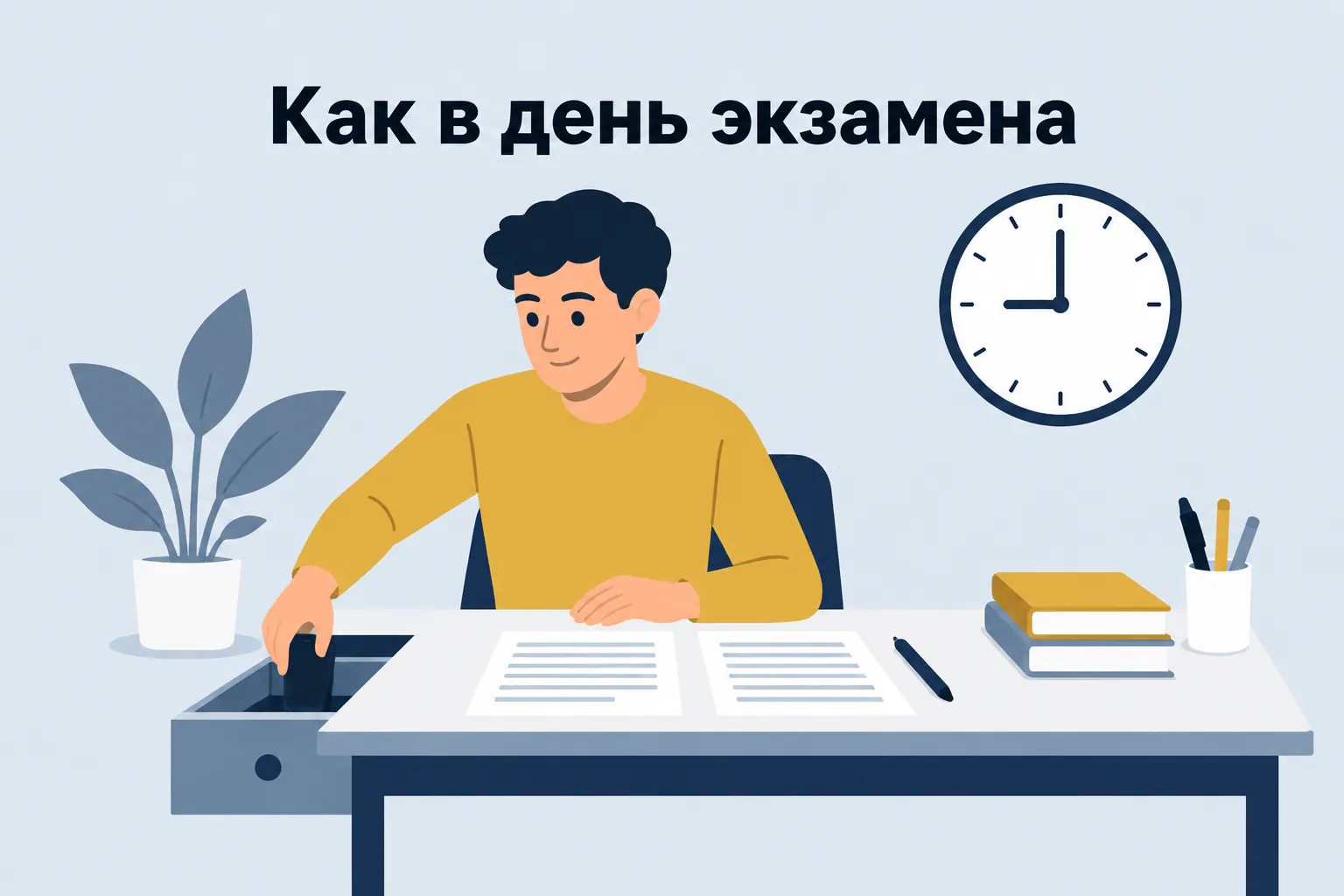 Like on exam day — person at a desk in front of a clock