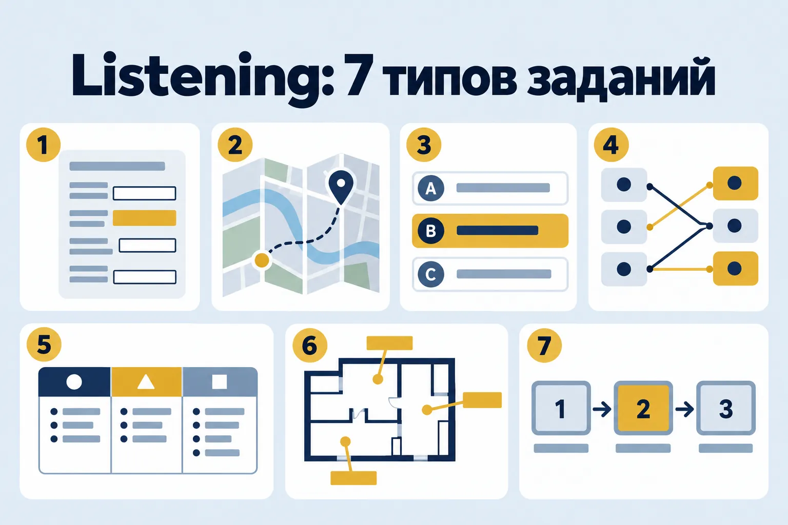 Listening: 7 question types — seven tiles with task icons