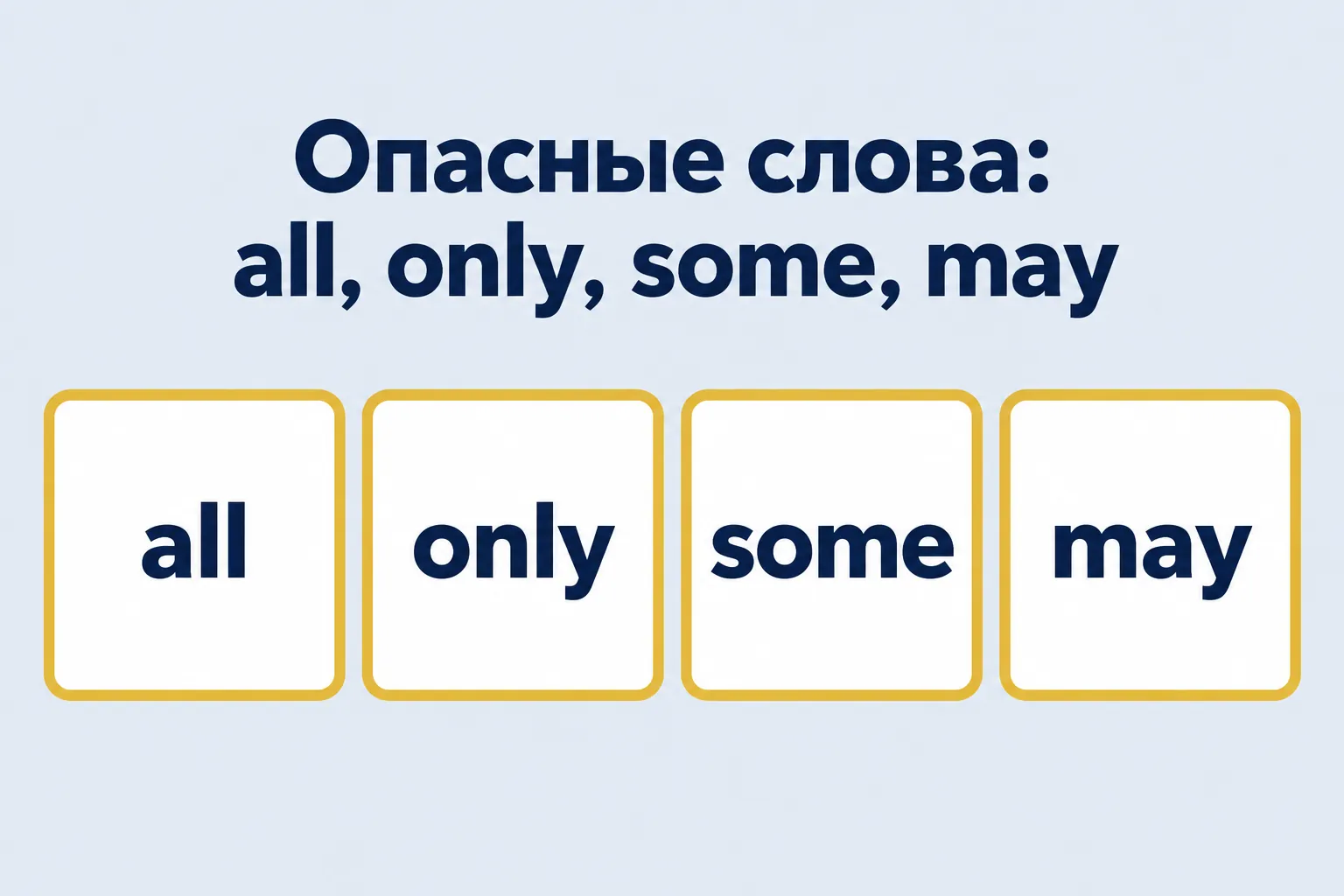 Danger words: all, only, some, may — four words on highlighted cards